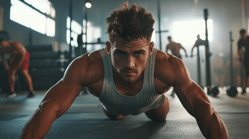 Un homme en position de gainage dans une salle de crossfit. Il à l'air déterminé