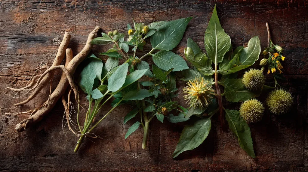Ashwagandha, fadogia agrestis et tribulus terrestris disposés sur une table, plantes souvent associées au tongkat ali pour la vitalité naturelle