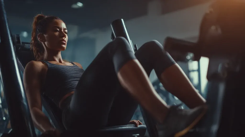 Femme concentrée faisant de la presse à jambes en salle de sport, illustrant les bienfaits du tongkat ali sur la force et l’endurance