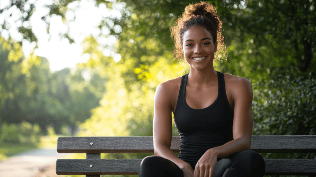 Une jeune femme en brassière de sport sur un banc dans un parc assise qui sourit