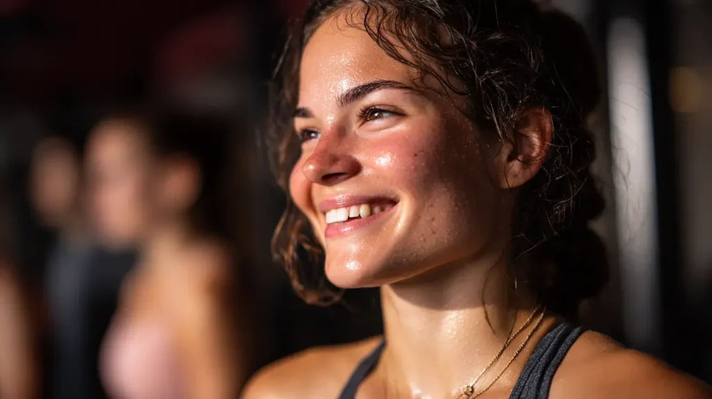 Personne souriante après une séance de sport, symbole de vitalité naturelle et des bienfaits du tongkat ali
