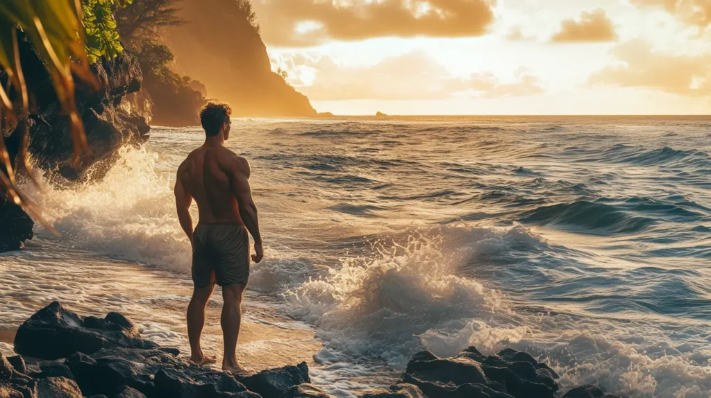 sur cette photo, on voit un homme sur une plage en train de consommer de l'ashwgandha pour augmenter sa testostérone en musculation.