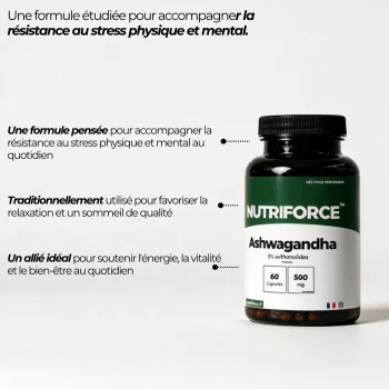 Pot d'ashwagandha Nutriforce et ses points clés : un extrait de racine de Withania somnifera titré à 3 % de withanolides, 500 mg par capsule
