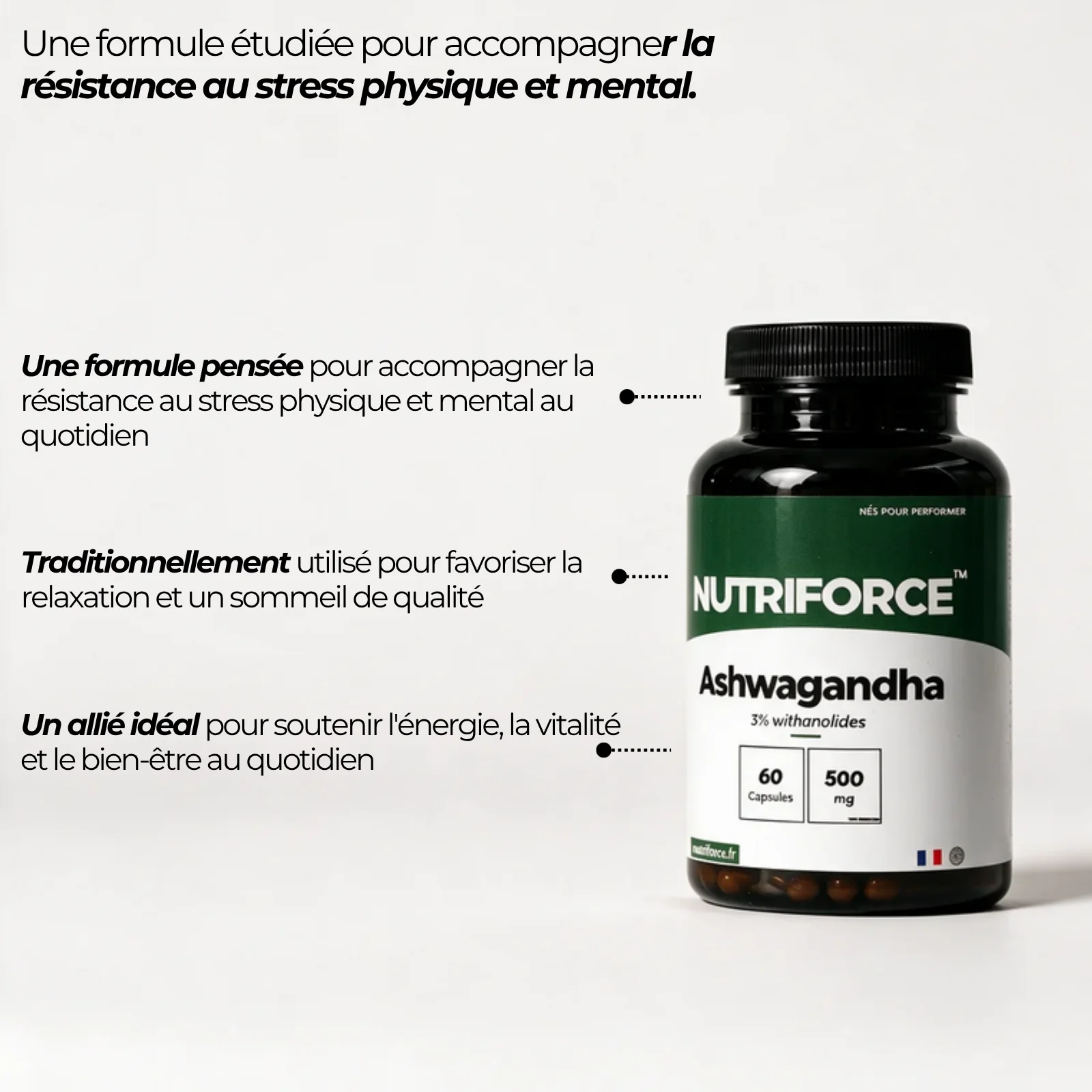 Pot d'ashwagandha Nutriforce et ses points clés : un extrait de racine de Withania somnifera titré à 3 % de withanolides, 500 mg par capsule