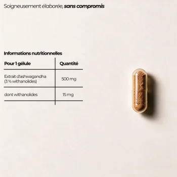 Tableau nutritionnel de l'ashwagandha Nutriforce pour une gélule : 500 mg d'extrait titré à 3 % de withanolides, dont 15 mg de withanolides