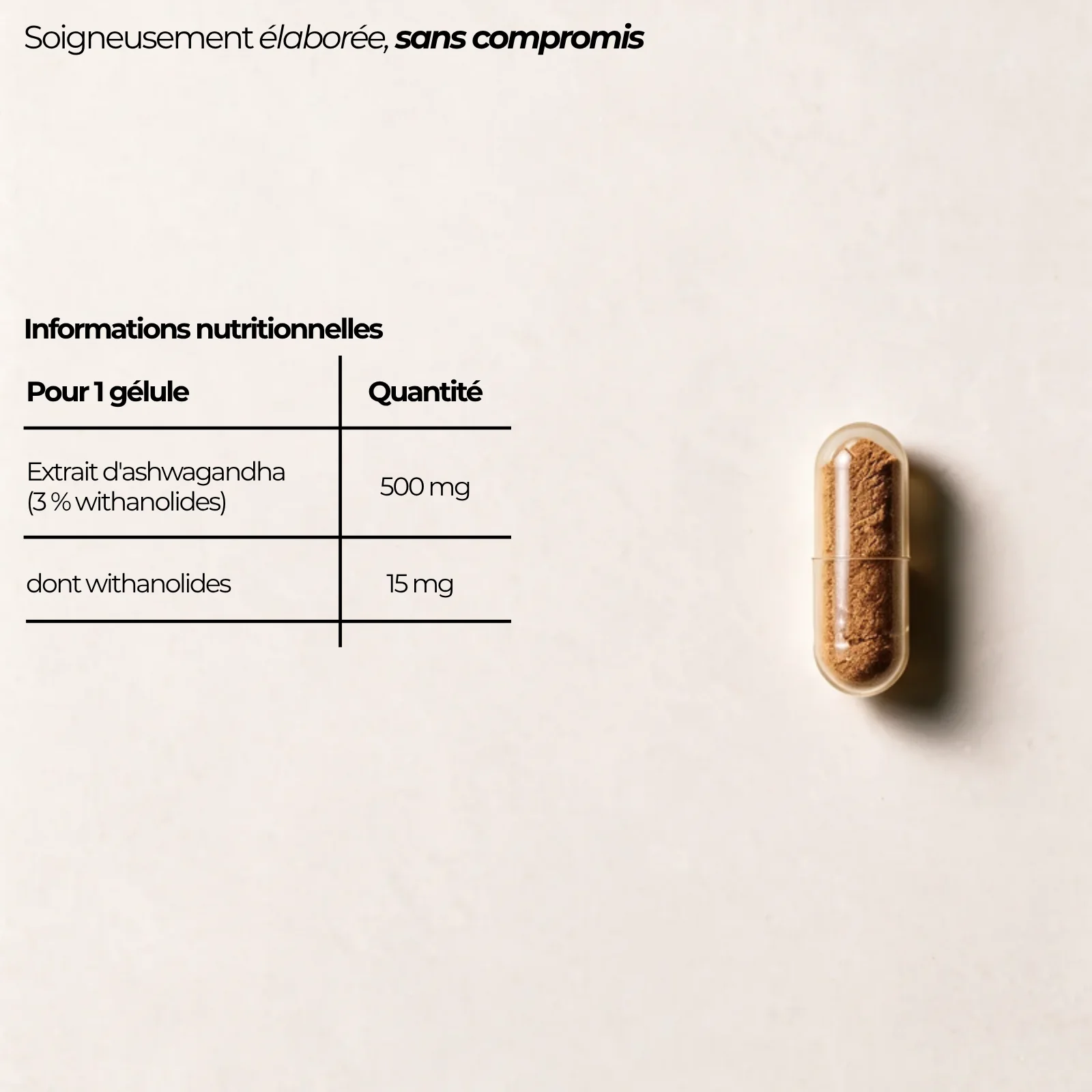 Tableau nutritionnel de l'ashwagandha Nutriforce pour une gélule : 500 mg d'extrait titré à 3 % de withanolides, dont 15 mg de withanolides