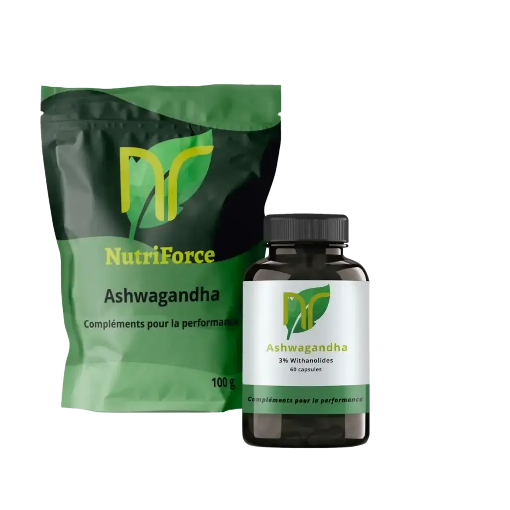 photo d'un sachet et une boite de gélules et poudre d'ashwagandha naturel pour le stress, l'anxiété et la musculation. L'ashwagandha booste également la testostérone