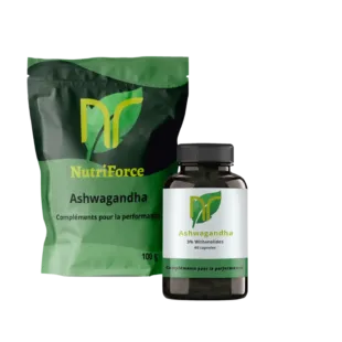 photo d'un sachet et une boite de gélules et poudre d'ashwagandha naturel pour le stress, l'anxiété et la musculation. L'ashwagandha booste également la testostérone