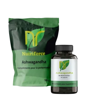 photo d'un sachet et une boite de gélules et poudre d'ashwagandha naturel pour le stress, l'anxiété et la musculation. L'ashwagandha booste également la testostérone