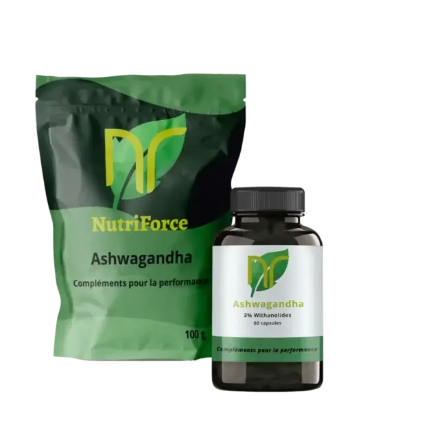 photo d'un sachet et une boite de gélules et poudre d'ashwagandha naturel pour le stress, l'anxiété et la musculation. L'ashwagandha booste également la testostérone