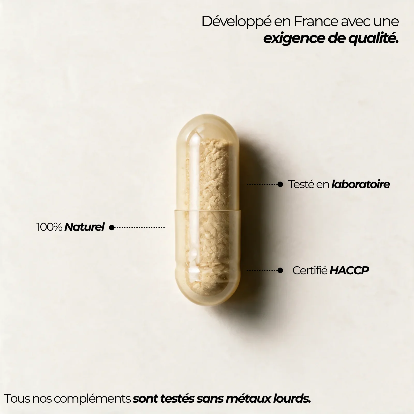 Capsule d'ashwagandha Nutriforce et ses repères qualité : développée en France, testée en laboratoire, certifiée HACCP et contrôlée sans métaux lourds