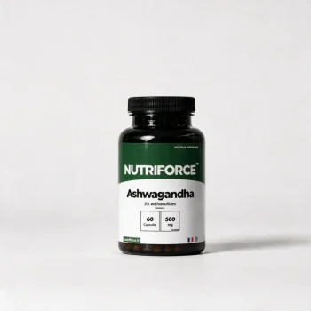 Pot d'ashwagandha Nutriforce : 60 capsules de 500 mg d'extrait de Withania somnifera titré à 3 % de withanolides