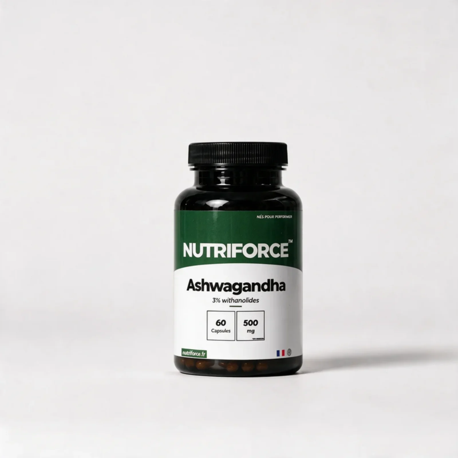 Pot d'ashwagandha Nutriforce : 60 capsules de 500 mg d'extrait de Withania somnifera titré à 3 % de withanolides