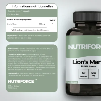 Fiche nutritionnelle avec transparence et provenance du lion's mane nutriforce