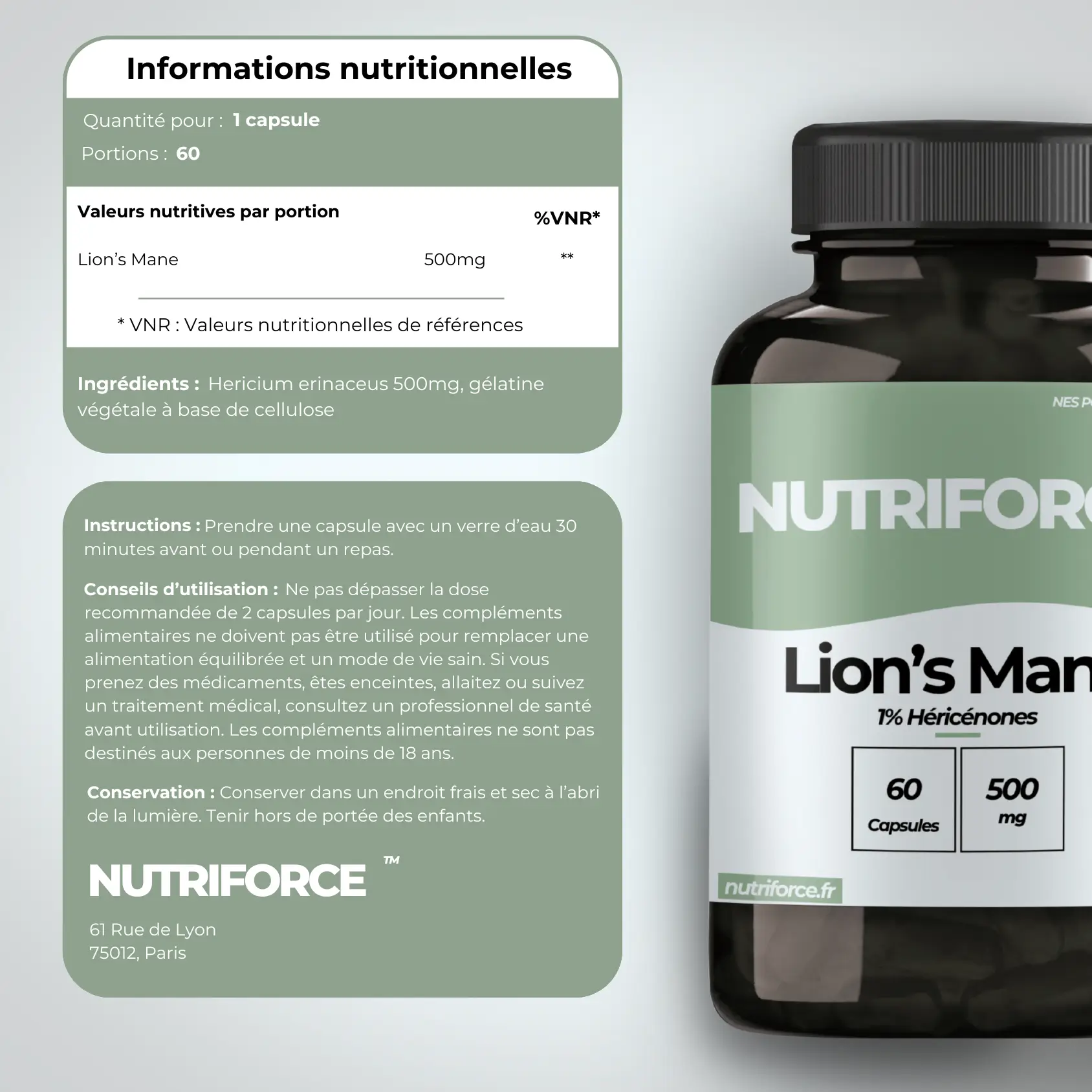 Fiche nutritionnelle avec transparence et provenance du lion's mane nutriforce