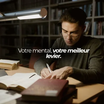 Étudiant concentré en bibliothèque : le Lion's mane Nutriforce, extrait de crinière de lion titré en héricénones, se prend à deux capsules par jour
