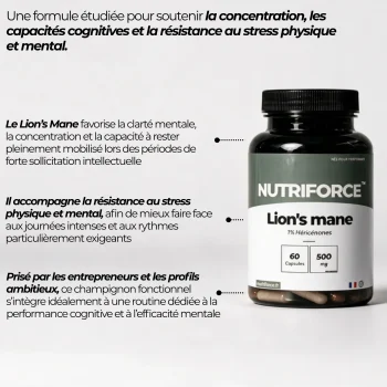 Pot de Lion's mane Nutriforce et ses points clés : un extrait de crinière de lion au ratio supérieur à 20:1, titré à 1 % d'héricénones, 500 mg par capsule