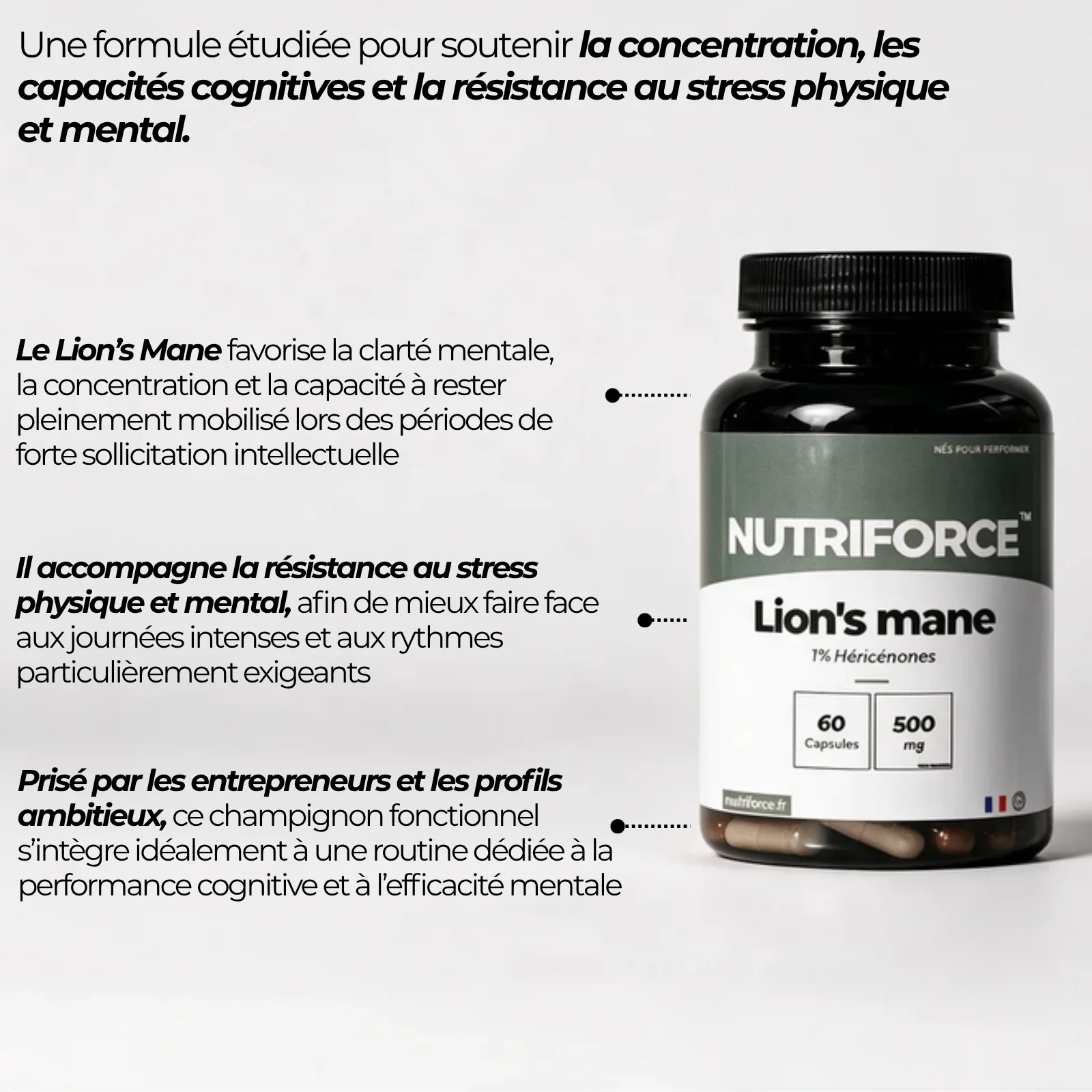 Pot de Lion's mane Nutriforce et ses points clés : un extrait de crinière de lion au ratio supérieur à 20:1, titré à 1 % d'héricénones, 500 mg par capsule