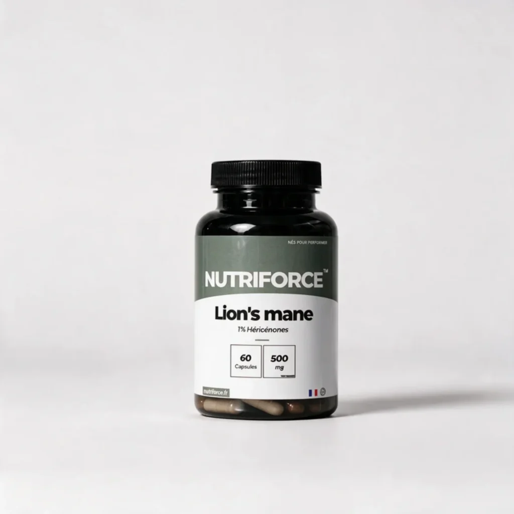Pot de Lion's mane Nutriforce : 60 capsules de 500 mg d'extrait de crinière de lion, Hericium erinaceus, titré à 1 % d'héricénones