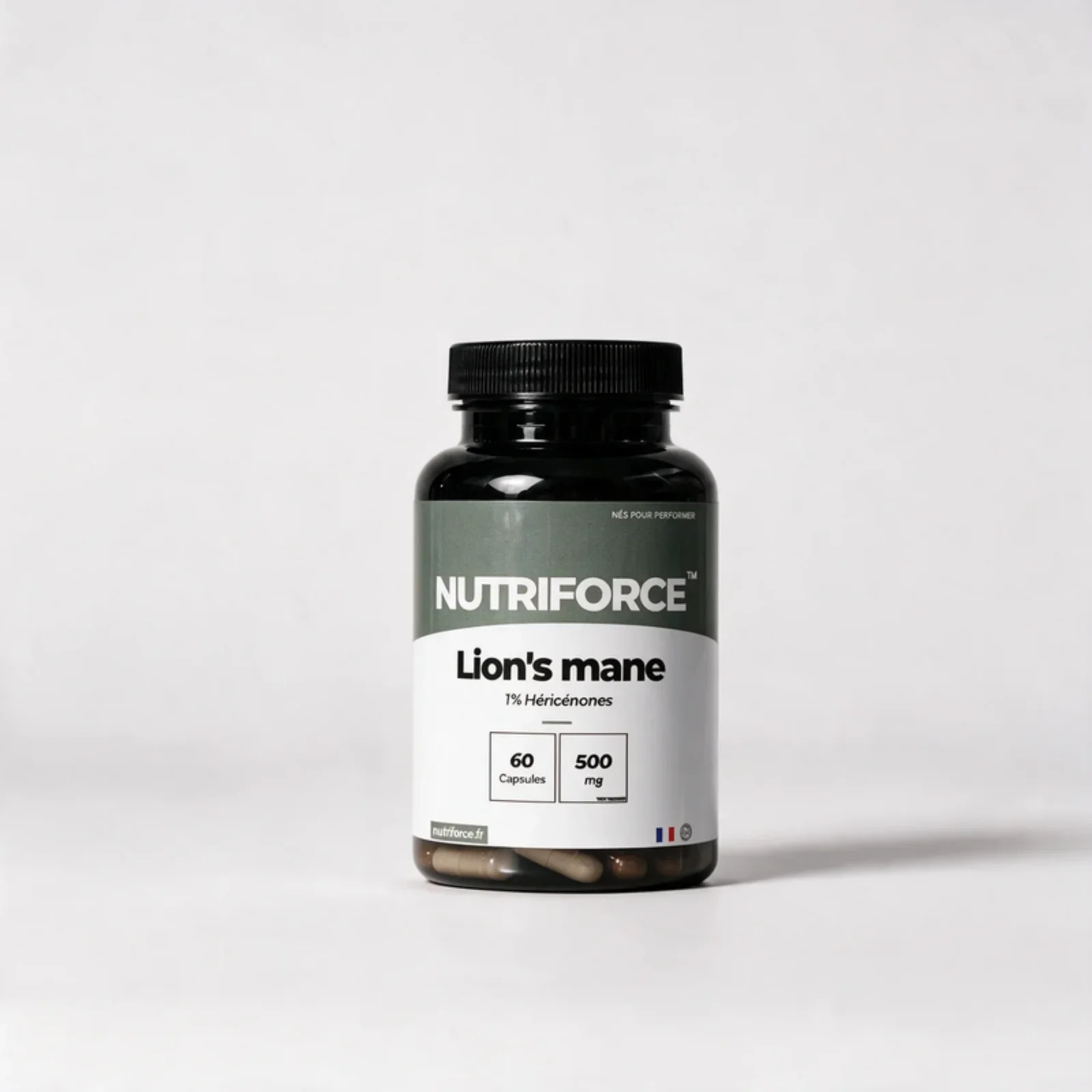 Pot de Lion's mane Nutriforce : 60 capsules de 500 mg d'extrait de crinière de lion, Hericium erinaceus, titré à 1 % d'héricénones