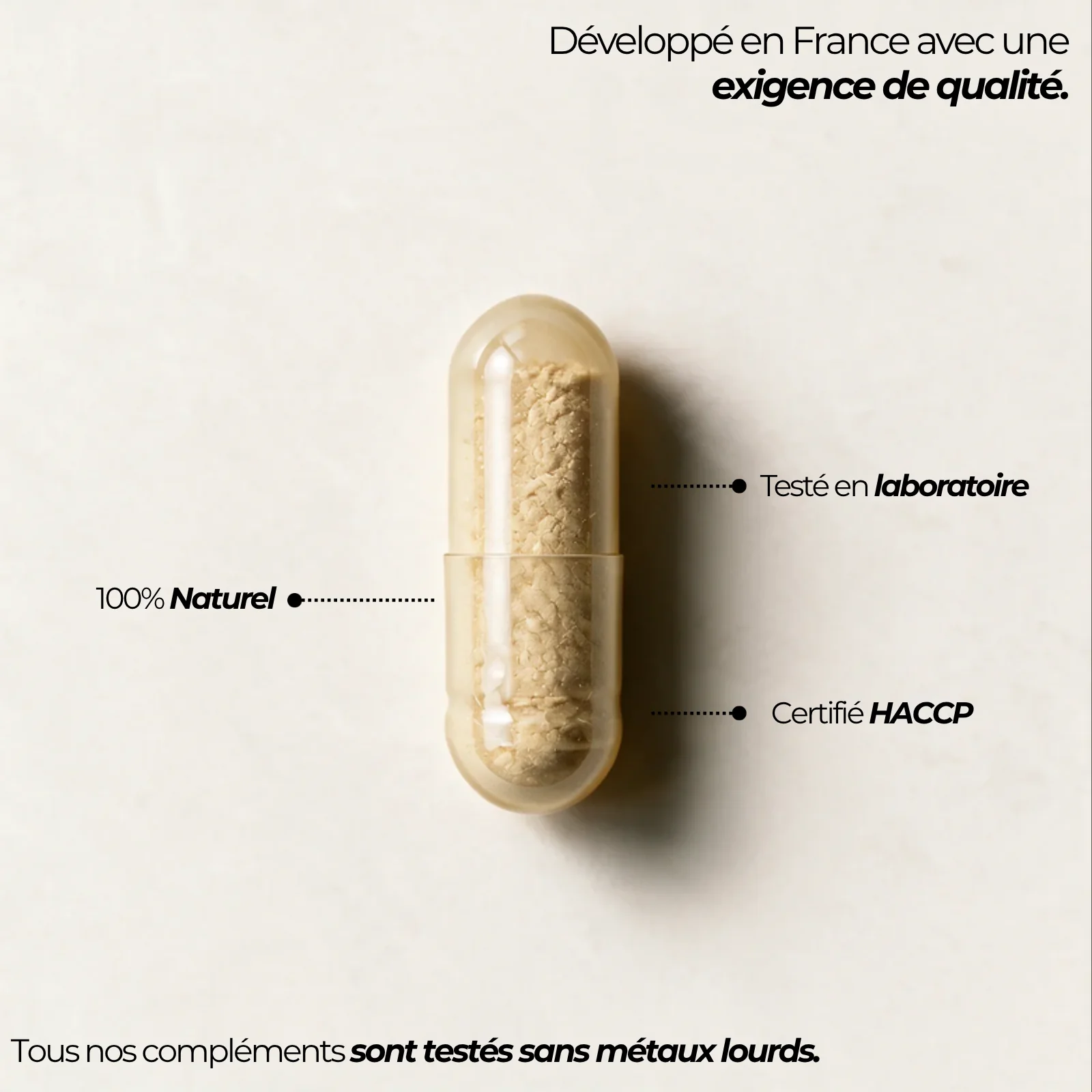 Capsule de Lion's mane Nutriforce et ses repères qualité : développée en France, testée en laboratoire, certifiée HACCP et contrôlée sans métaux lourds