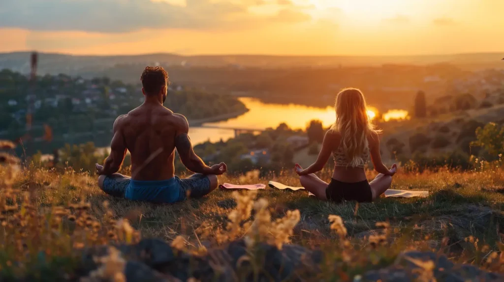 Photo sur laquelle on voit au premier plan un homme et une femme qui consomment de l'ashwagandha en plein meditation pour le stress et l'anxiété