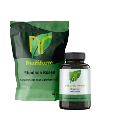 photo d'une boite de gélules de rhodiola rosea et le sachet de poudre de rhodiola rosea nutriforce france