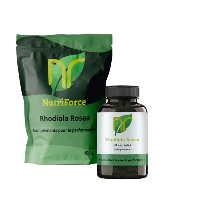 photo d'une boite de gélules de rhodiola rosea et le sachet de poudre de rhodiola rosea nutriforce france