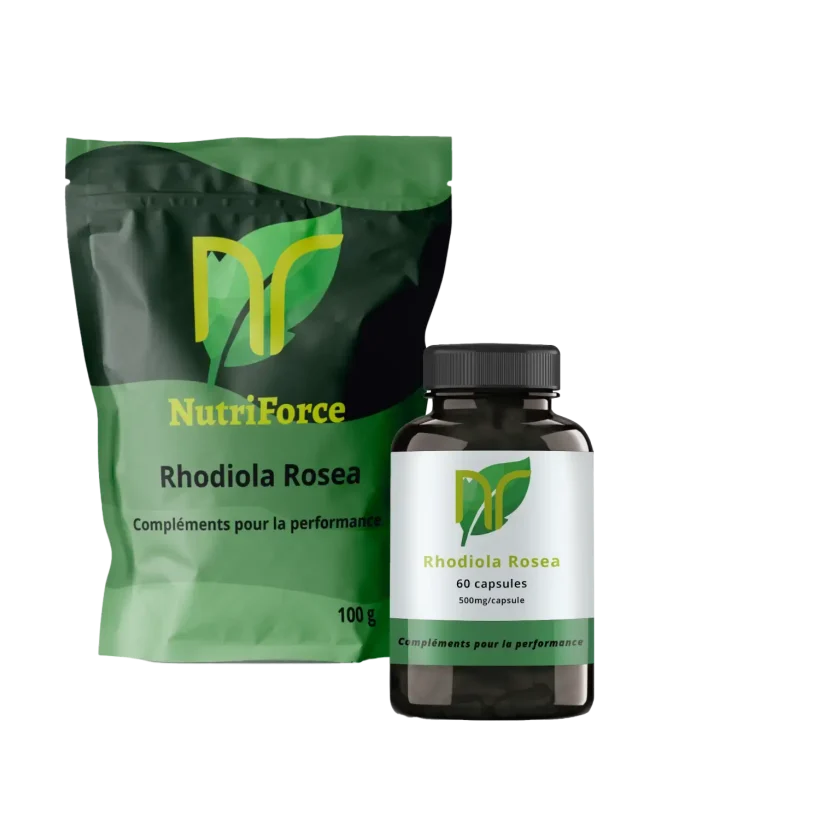 photo d'une boite de gélules de rhodiola rosea et le sachet de poudre de rhodiola rosea nutriforce france