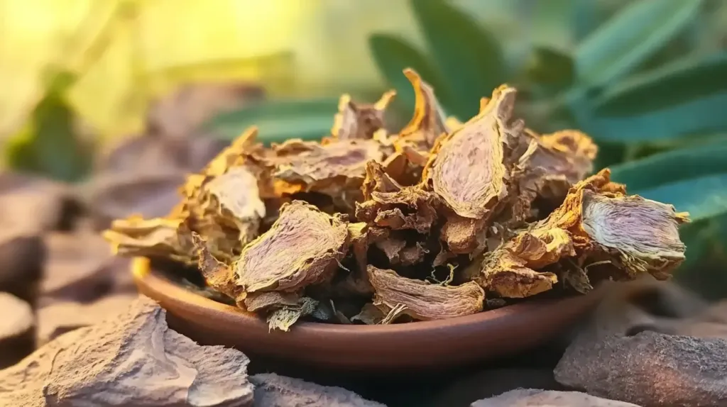 Sur cette photo, on voit des racines de rhodiola rosea, un complément alimentaire adaptogène puissant pour le stress et l'anxiété mais egalement la force et la musculation.