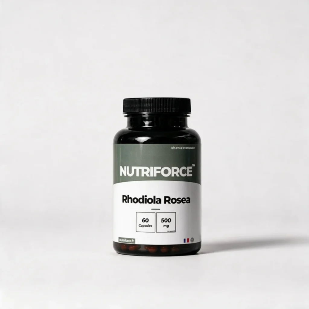 Pot de Rhodiola rosea Nutriforce : 60 capsules de 500 mg d'extrait, titré à 5 % de salidroside et 3 % de rosavines, une capsule par jour