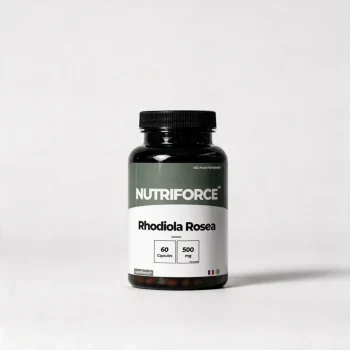 Pot de Rhodiola rosea Nutriforce : 60 capsules de 500 mg d'extrait, titré à 5 % de salidroside et 3 % de rosavines, une capsule par jour
