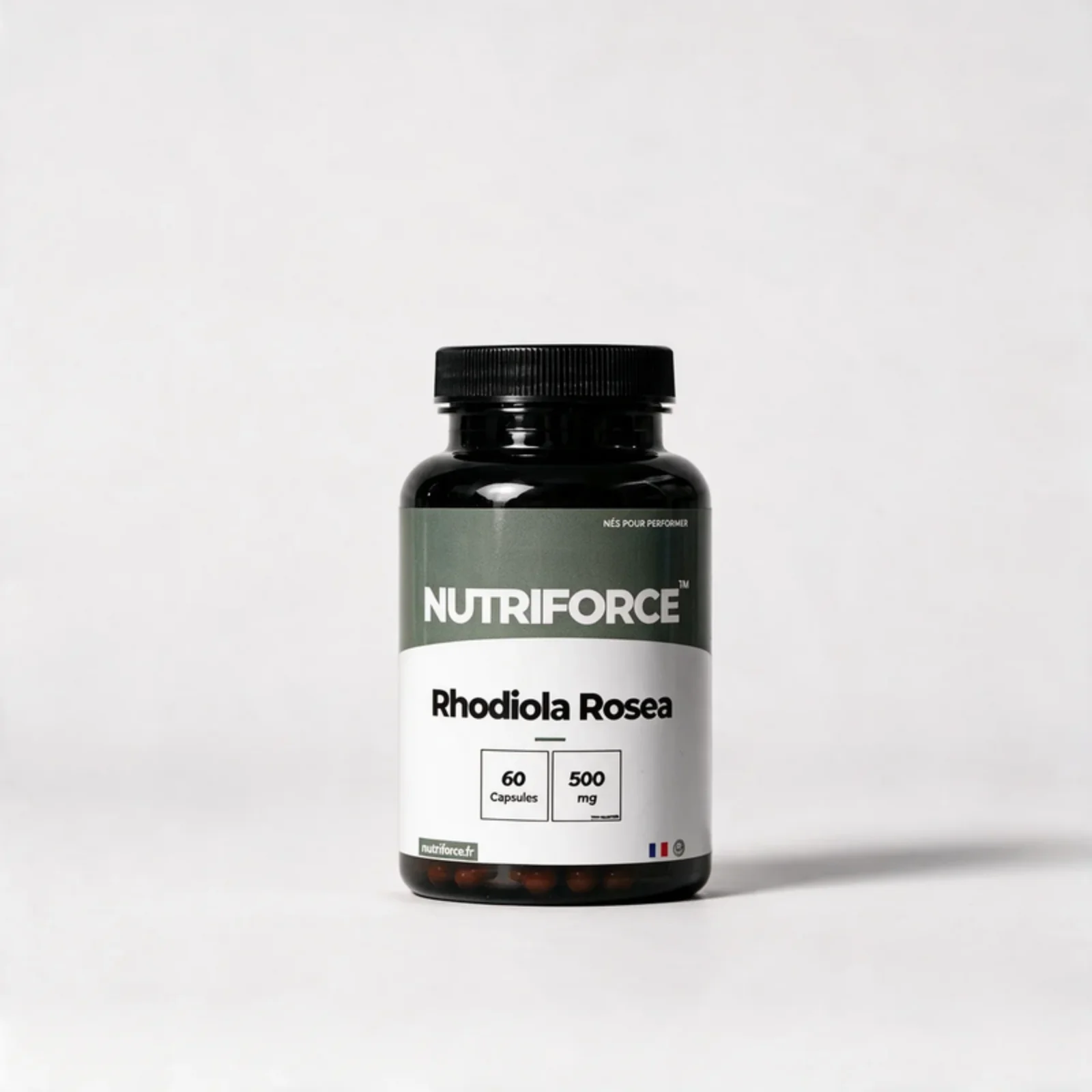 Pot de Rhodiola rosea Nutriforce : 60 capsules de 500 mg d'extrait, titré à 5 % de salidroside et 3 % de rosavines, une capsule par jour
