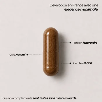 Gélule de Rhodiola rosea Nutriforce et ses repères qualité : développée en France, testée en laboratoire, certifiée HACCP et sans métaux lourds