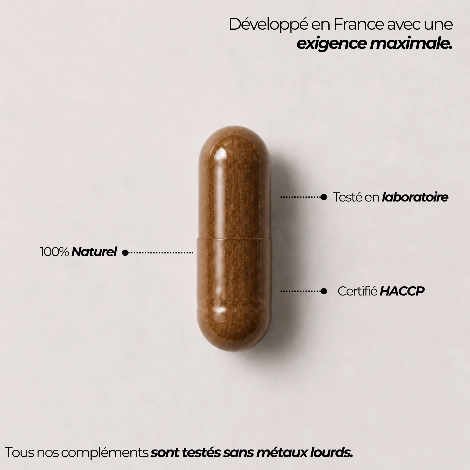 Gélule de Rhodiola rosea Nutriforce et ses repères qualité : développée en France, testée en laboratoire, certifiée HACCP et sans métaux lourds