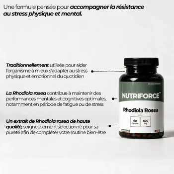Pot de Rhodiola rosea Nutriforce et ses points clés : une plante traditionnellement utilisée, extrait standardisé à 5 % de salidroside et 3 % de rosavines