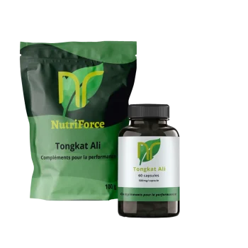 photo d'une boite de Tongkat Ali en gélules et capsules ainsi que d'un sachet d'eurycoma longifolia jute a coté, il s'agit de tongkat ali bio de haute qualité directement en france en pharmacie. On vois également les avis et ou acheter le tongkat ali sur cette photo