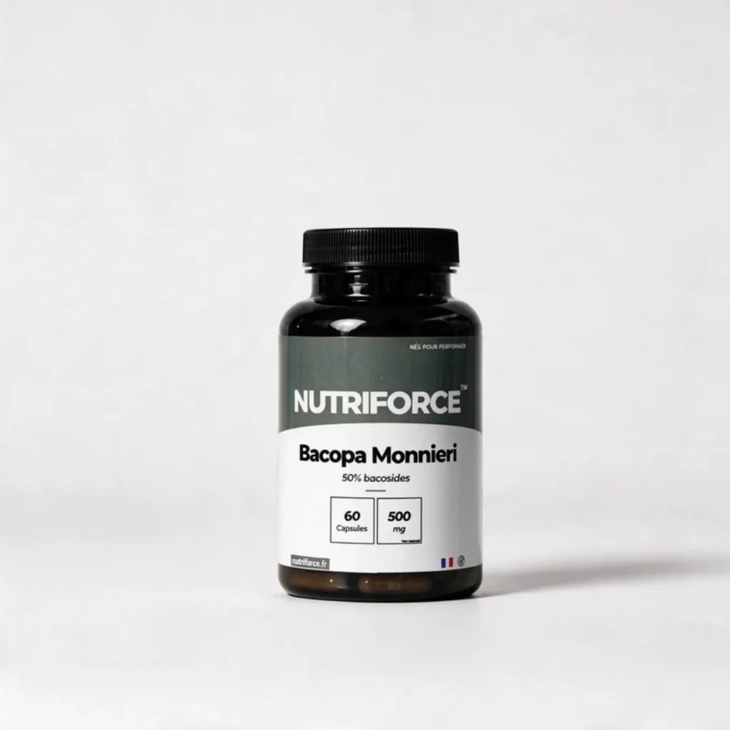 Pot de Bacopa monnieri Nutriforce : 60 capsules de 500 mg d'extrait de bacopa titré à 50 % de bacosides, une capsule par jour