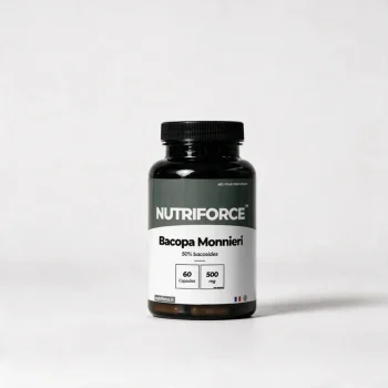 Pot de Bacopa monnieri Nutriforce : 60 capsules de 500 mg d'extrait de bacopa titré à 50 % de bacosides, une capsule par jour