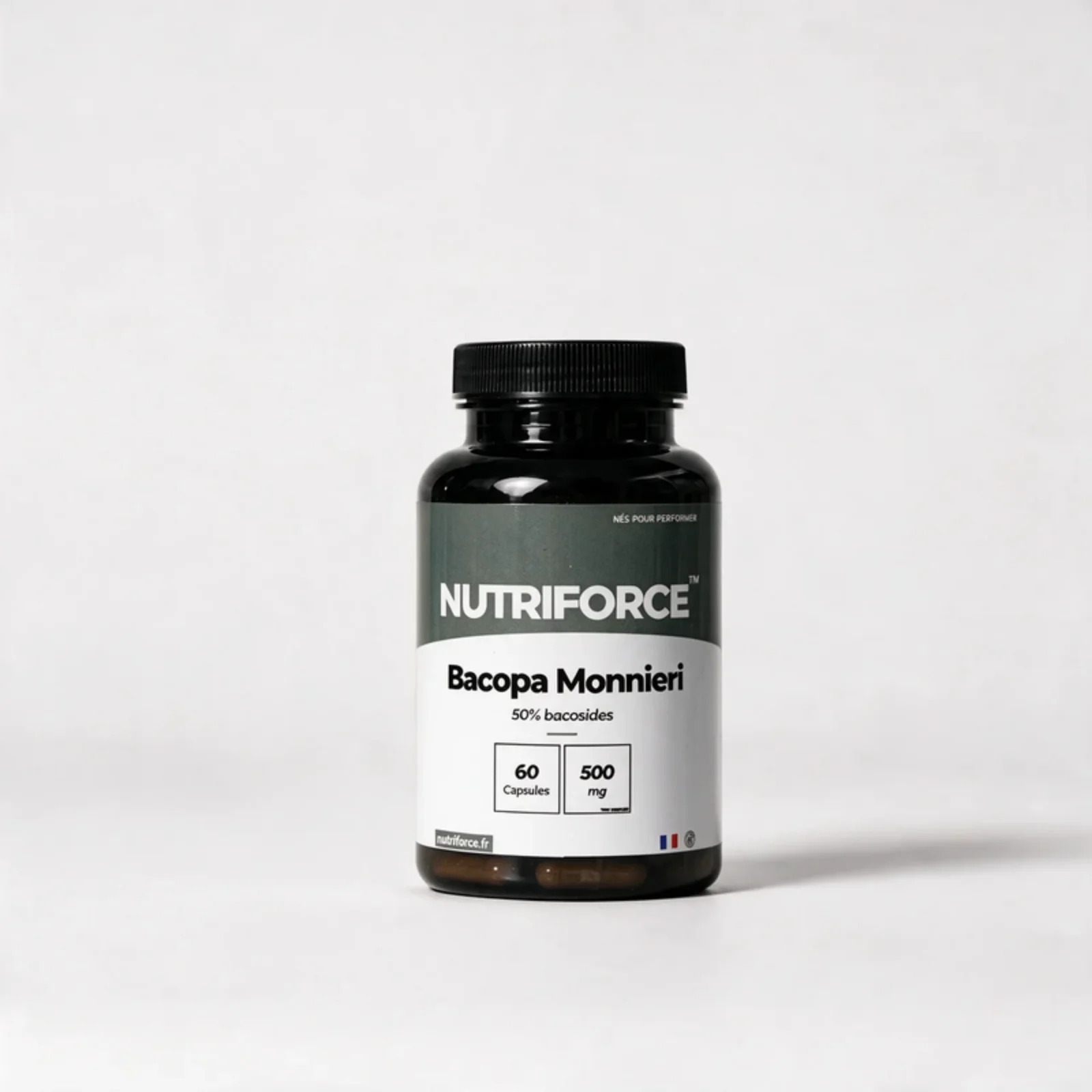 Pot de Bacopa monnieri Nutriforce : 60 capsules de 500 mg d'extrait de bacopa titré à 50 % de bacosides, une capsule par jour