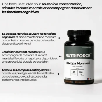 Pot de Bacopa monnieri Nutriforce et ses points clés : une plante traditionnellement reconnue pour la mémoire, extrait titré à 50 % de bacosides