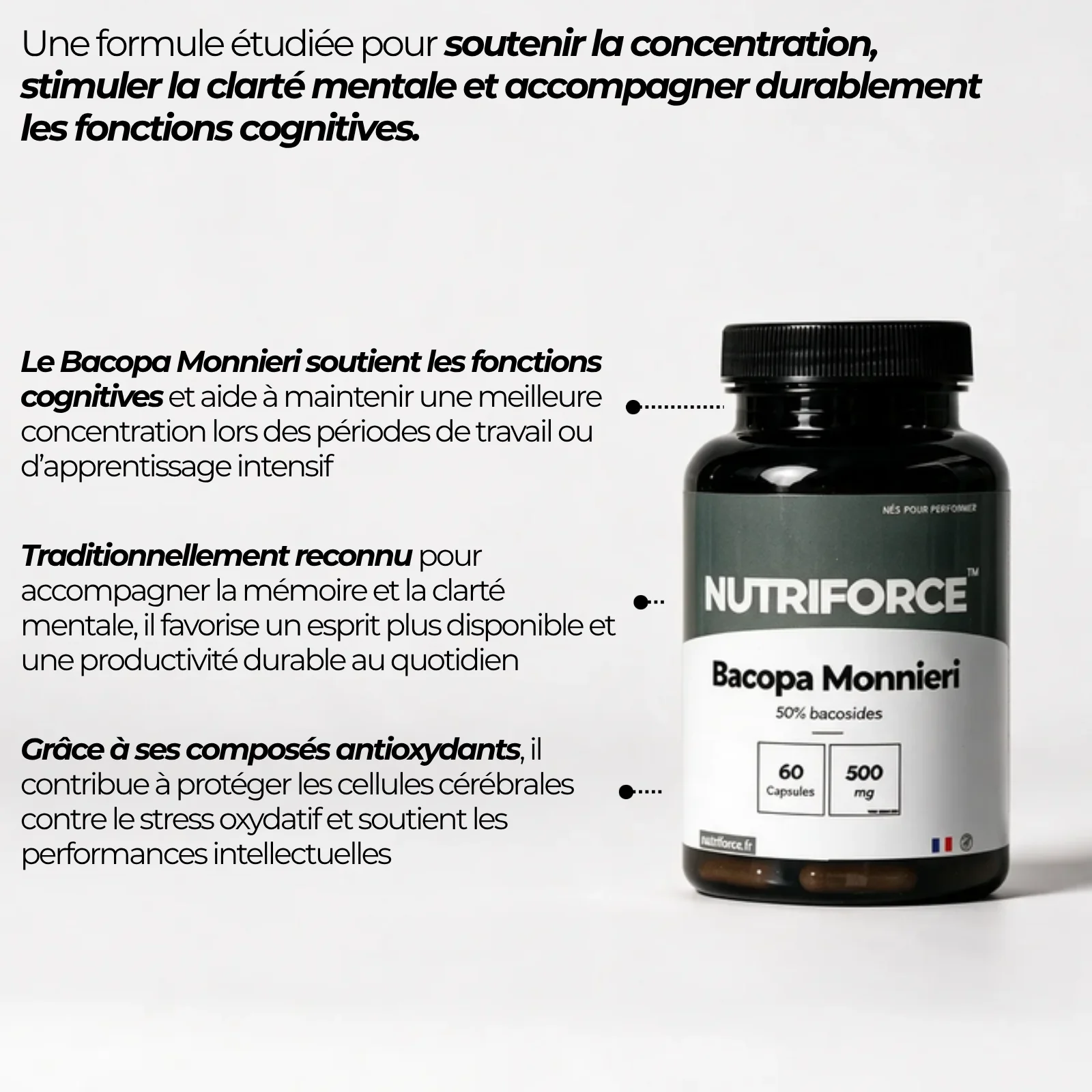 Pot de Bacopa monnieri Nutriforce et ses points clés : une plante traditionnellement reconnue pour la mémoire, extrait titré à 50 % de bacosides