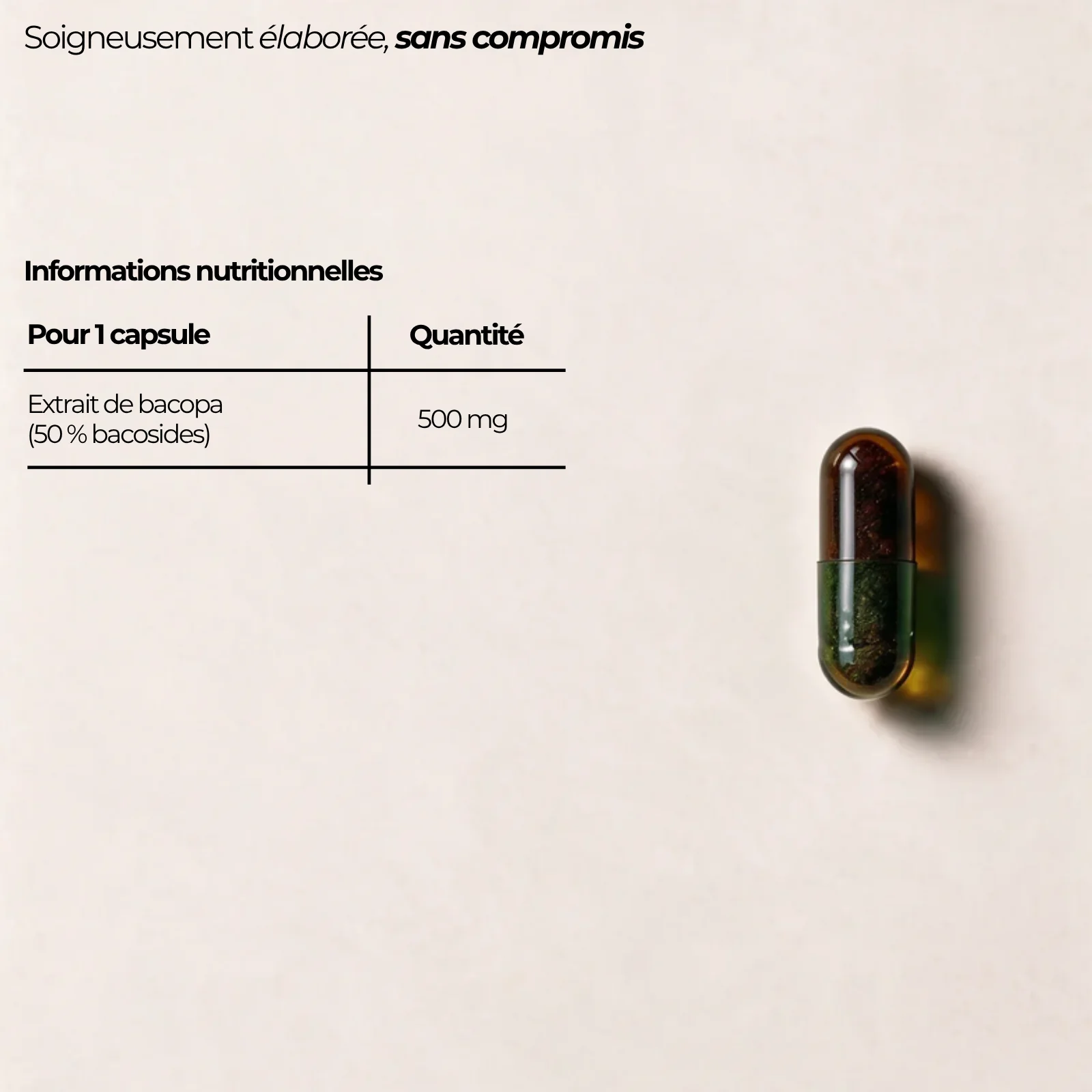 Tableau nutritionnel du Bacopa monnieri Nutriforce pour une capsule : 500 mg d'extrait de bacopa titré à 50 % de bacosides