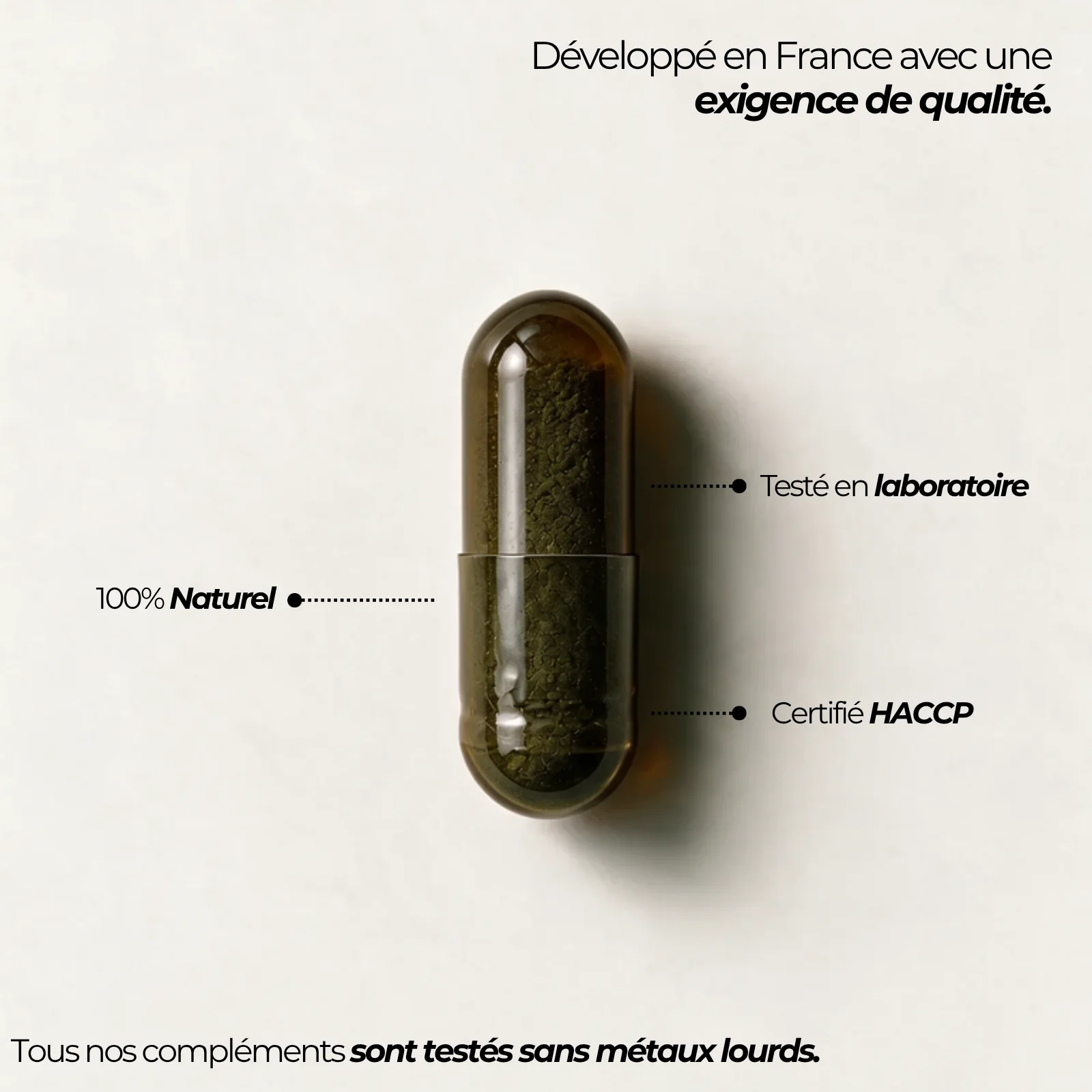 Gélule de Bacopa monnieri Nutriforce et ses repères qualité : développée en France, testée en laboratoire, certifiée HACCP et sans métaux lourds