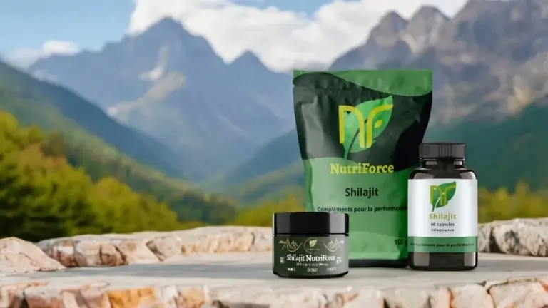 sur cette photo, on voit les 3 compléments alimetaires de shilajit nutriforce france. La résine, la poudre, les gélules et les capsules de shilajit bio