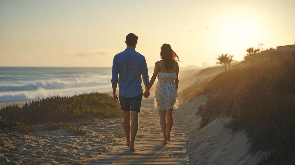 Un homme et une femme main dans la main sur la plage de dos entrain de marcher sous le soleil qui se couche