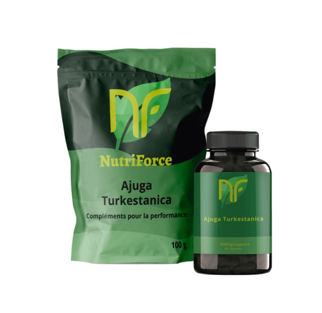 photo de sachet de turkesterone sous forme d'Ajuga Turkestanica poudre ou capsules pas cher c'est un complément alimentaire pour la musculation