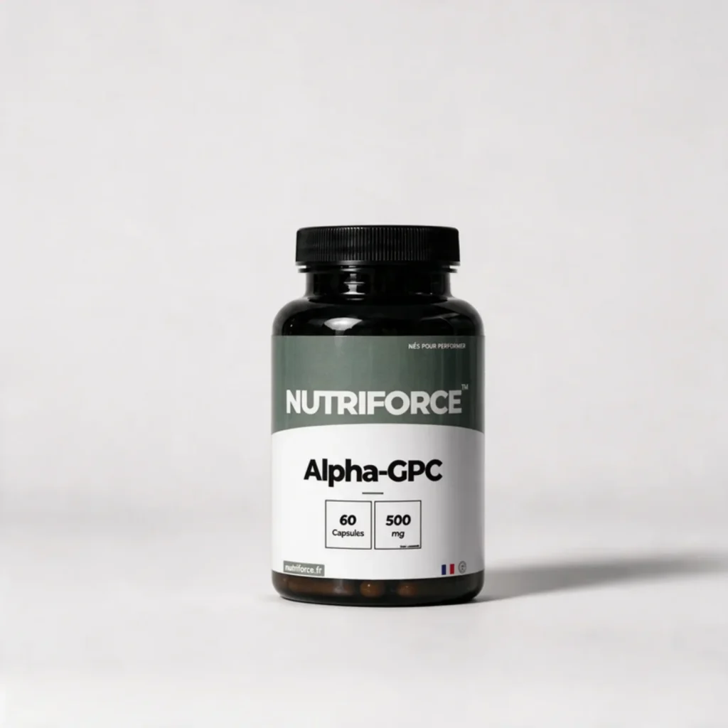 Pot d'Alpha-GPC Nutriforce : 60 capsules apportant chacune 500 mg de L-alpha-glycérylphosphorylcholine, une source concentrée de choline