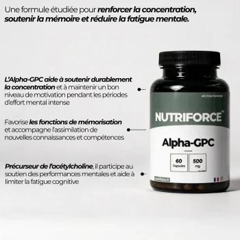 Pot d'Alpha-GPC Nutriforce et ses points clés : une forme de choline précurseur de l'acétylcholine, 500 mg par capsule, sans autre actif ajouté