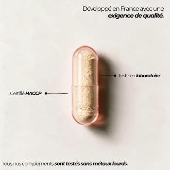 Capsule d'Alpha-GPC Nutriforce et ses repères qualité : développée en France, testée en laboratoire et certifiée HACCP, sans métaux lourds